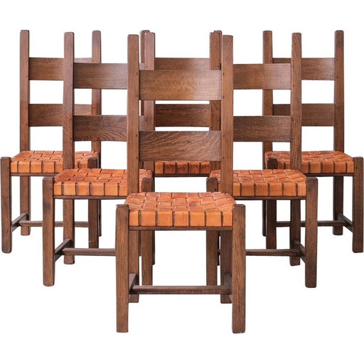 Ensemble de 6 chaises de salle à manger hollandaises vintage en cuir et en bois de chêne, 1970