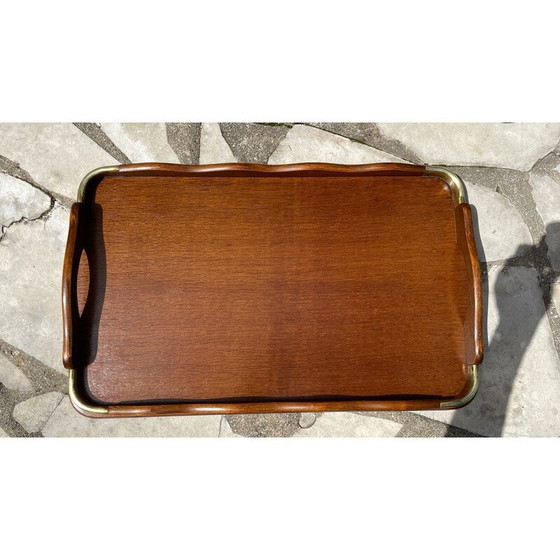 Image 1 of Serveur et plateau vintage en bois et laiton