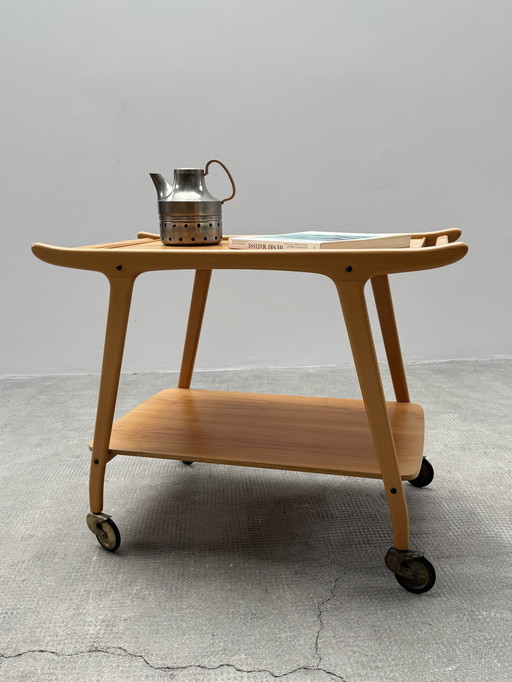 Chariot de service Table d'appoint Table basse en bois Hêtre Cerisier, Allemagne années 1950