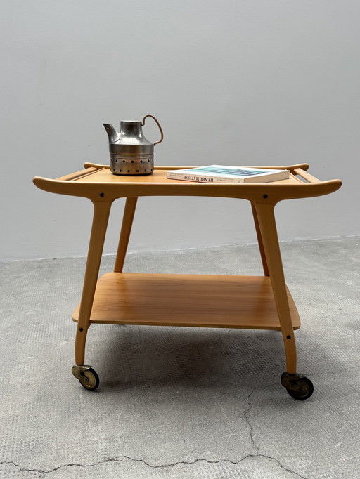 Chariot de service Table d'appoint Table basse en bois Hêtre Cerisier, Allemagne années 1950