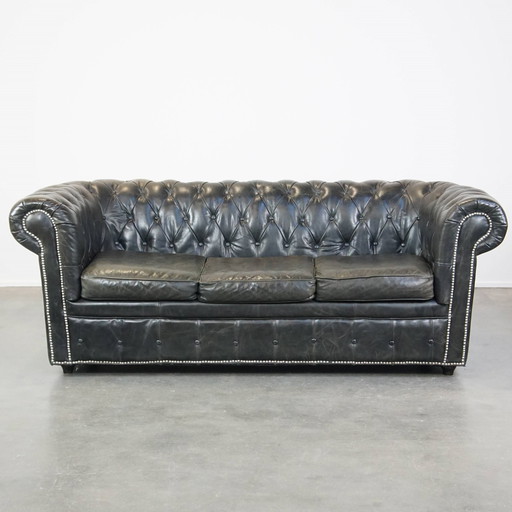 Canapé Chesterfield 2,5 places en cuir de boeuf noir