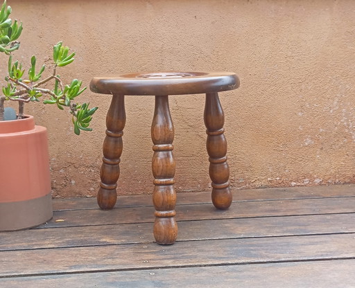 Tabouret Tripode De Berger, Chêne Massif Mid Century 