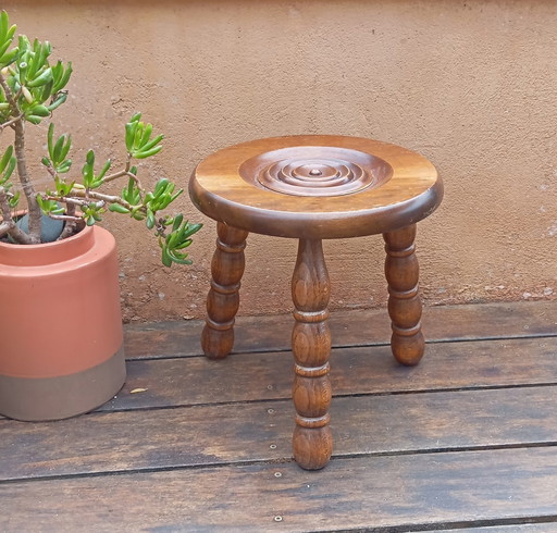 Tabouret Tripode De Berger, Chêne Massif Mid Century 