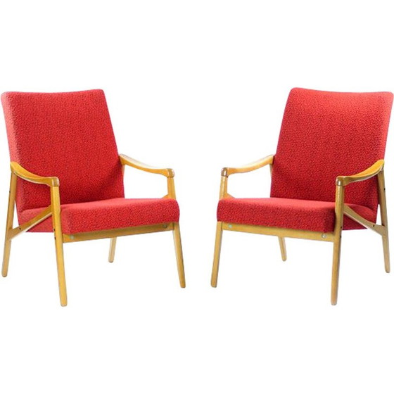Image 1 of Paire de fauteuils vintage en hêtre clair et tissu rouge par Interier Praha, Tchécoslovaquie 1971