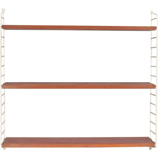 Etagère Vintage "String" en teck et métal blanc, Suède 1960