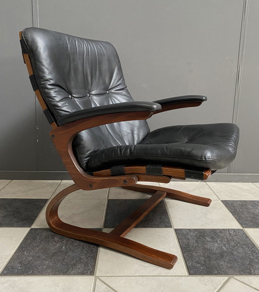 Chaise Kengu en cuir par Elso & Nordahl Solheim pour Rybo Rykken Norvège 1970S