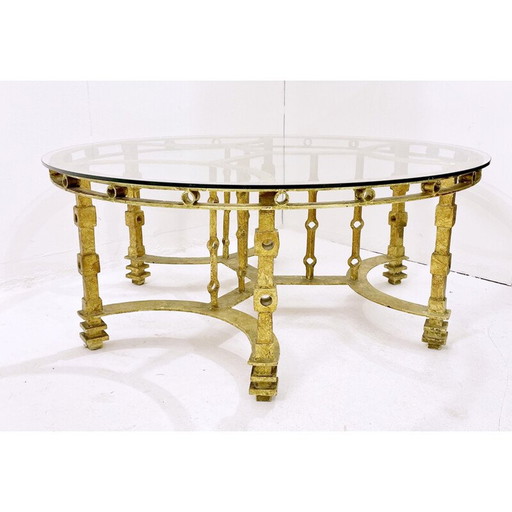 Table basse vintage en fer forgé et verre, France 1940