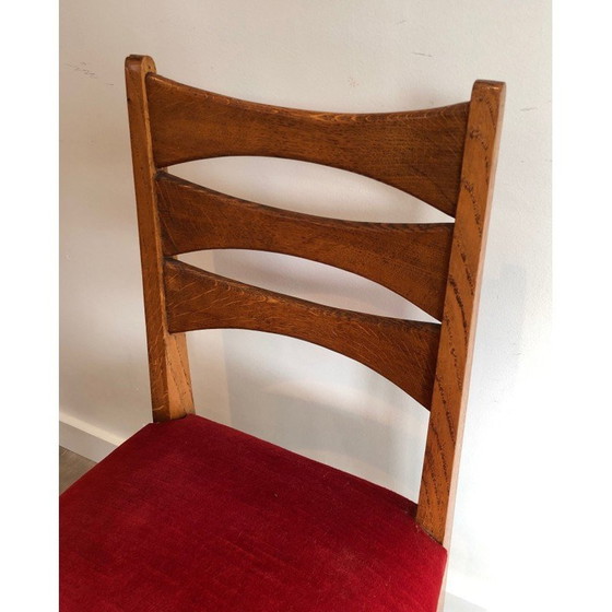 Image 1 of Ensemble de 6 chaises vintage en chêne et velours rouge, France 1940s