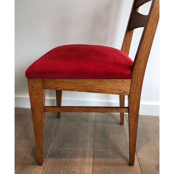 Image 1 of Ensemble de 6 chaises vintage en chêne et velours rouge, France 1940s