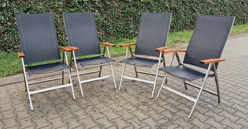 4 Bernstein Furniture Chaises pliantes en acier inoxydable/teck/textile