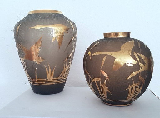 2X Vases en verre gravé par Alfred Taube pour Füge & Taube, 1960S