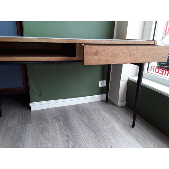 Image 1 of Bureau vintage en acajou blond avec pieds en métal noir par Pierre Guariche, 1955
