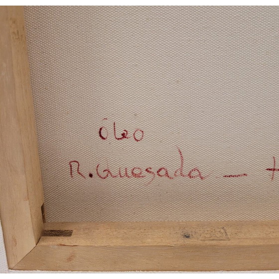 Image 1 of Peinture vintage "Hornacina Roja" de Javier Rodriguez représentant une manzana rouge traversée par un panache blanc