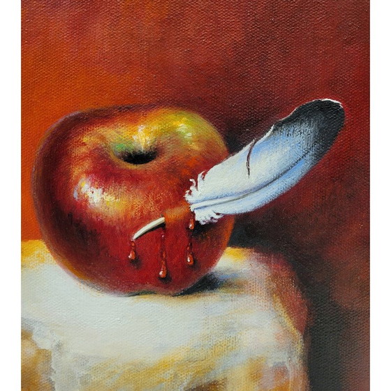 Image 1 of Peinture vintage "Hornacina Roja" de Javier Rodriguez représentant une manzana rouge traversée par un panache blanc