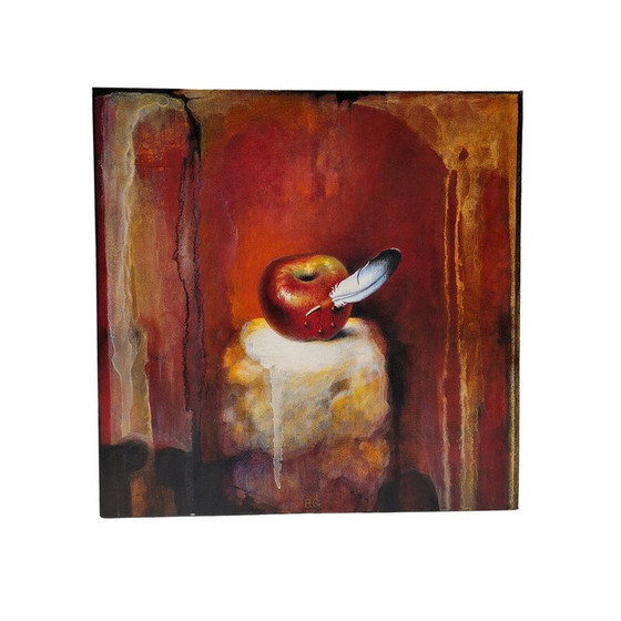 Image 1 of Peinture vintage "Hornacina Roja" de Javier Rodriguez représentant une manzana rouge traversée par un panache blanc