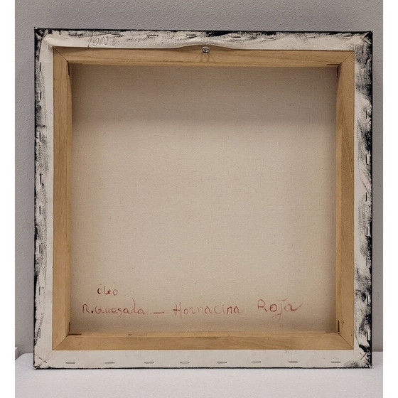 Image 1 of Peinture vintage "Hornacina Roja" de Javier Rodriguez représentant une manzana rouge traversée par un panache blanc