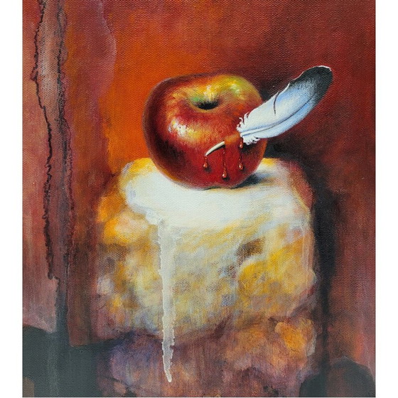 Image 1 of Peinture vintage "Hornacina Roja" de Javier Rodriguez représentant une manzana rouge traversée par un panache blanc