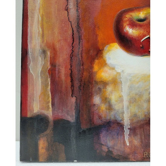 Image 1 of Peinture vintage "Hornacina Roja" de Javier Rodriguez représentant une manzana rouge traversée par un panache blanc