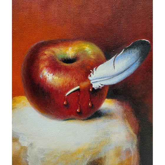 Image 1 of Peinture vintage "Hornacina Roja" de Javier Rodriguez représentant une manzana rouge traversée par un panache blanc