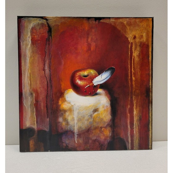 Image 1 of Peinture vintage "Hornacina Roja" de Javier Rodriguez représentant une manzana rouge traversée par un panache blanc