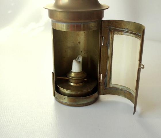 Image 1 of 1970S Lampe à huile - Lampe tempête - Photophore En laiton/Verre Avec Poignée En Bois