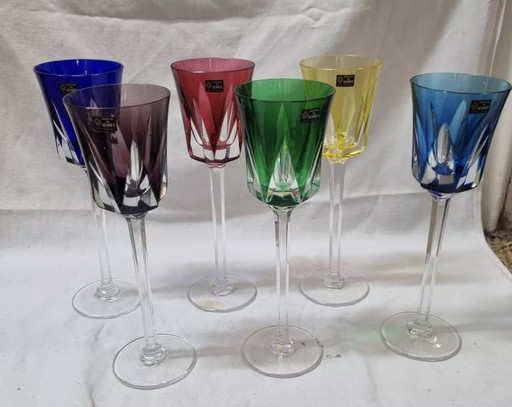 6 Verres À Pieds De Couleur En Cristal De Sèvres, 1980