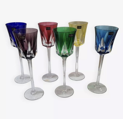 6 Verres À Pieds De Couleur En Cristal De Sèvres, 1980