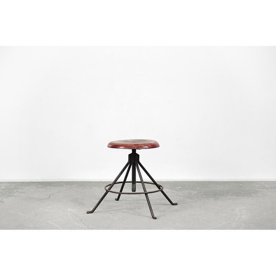 Image 1 of Tabouret pivotant vintage industriel en métal et bois, Pologne 1950s