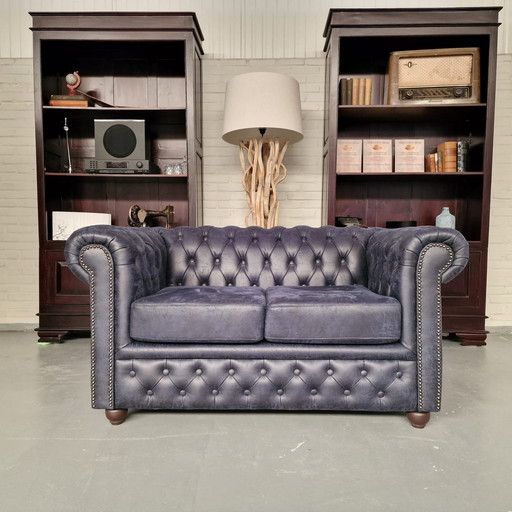 Brighton 2-Seater Classic Chesterfield Sofa - Blue, Soft Leather