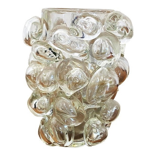 Vase contemporain en verre de Murano transparent soufflé à la main avec des bulles