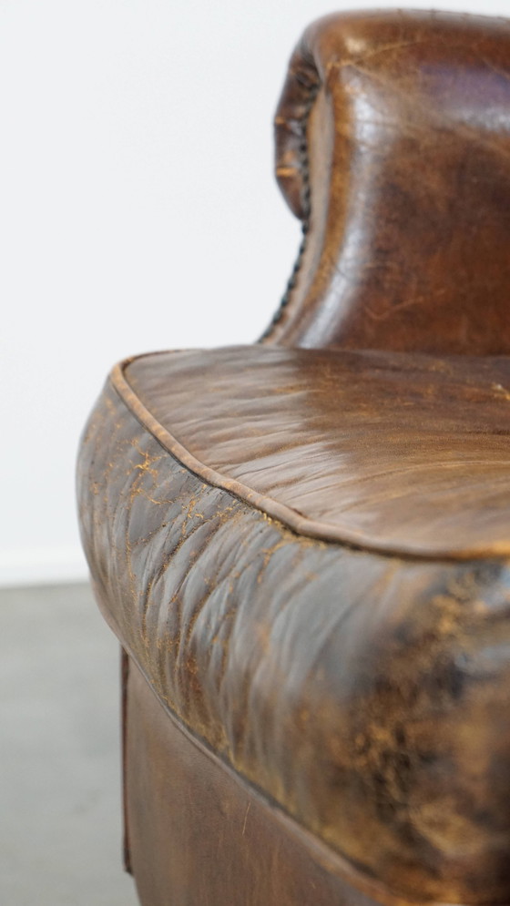 Image 1 of Grand fauteuil vintage à oreilles en cuir de mouton