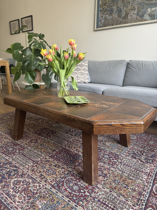 Table basse octogonale en bois à plateau carrelé de style Mid Century