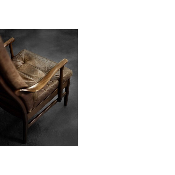 Image 1 of Fauteuil vintage danois en hêtre et cuir brun par Farstrup Møbler, 1970