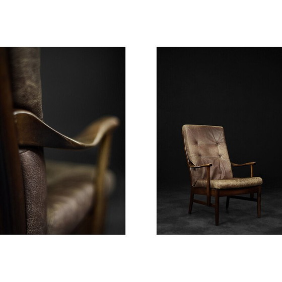 Image 1 of Fauteuil vintage danois en hêtre et cuir brun par Farstrup Møbler, 1970