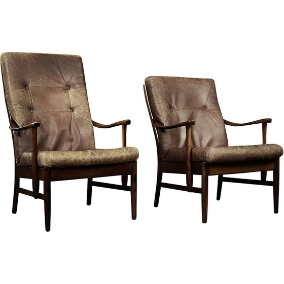 Image 1 of Fauteuil vintage danois en hêtre et cuir brun par Farstrup Møbler, 1970