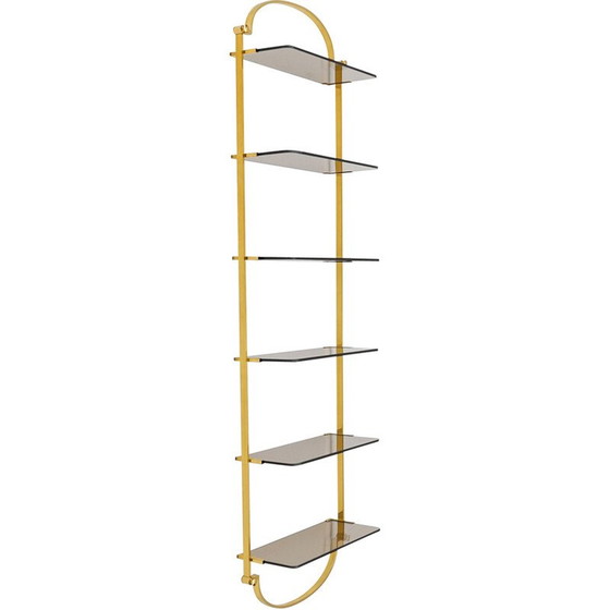 Image 1 of Etagère murale vintage dorée avec étagères en verre fumé, Italie 1960