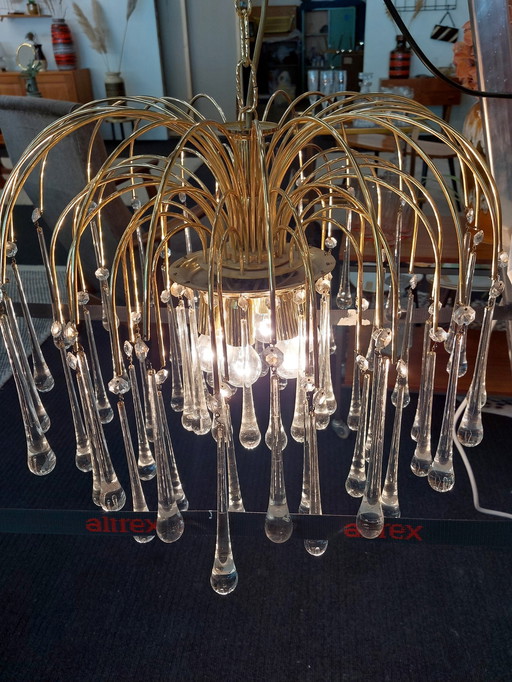 Grand lustre vintage en verre en forme de goutte d'eau en laiton