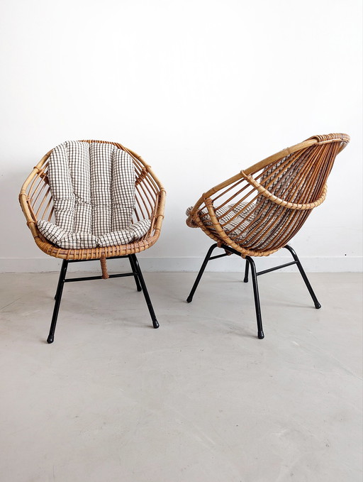 Ensemble de 2 chaises longues à godets en rotin 1960S