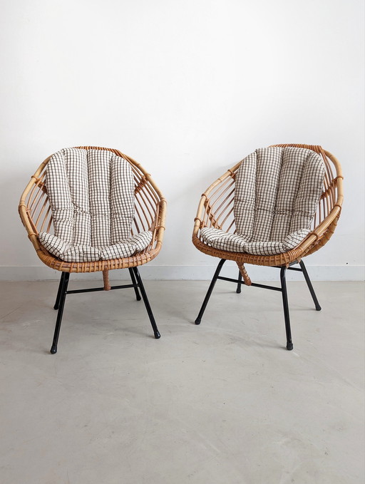 Ensemble de 2 chaises longues à godets en rotin 1960S