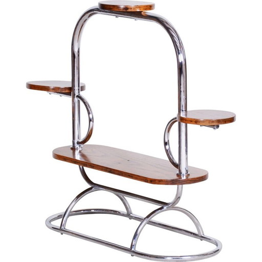 Porte-fleurs vintage en chêne et chrome, Tchécoslovaquie 1930