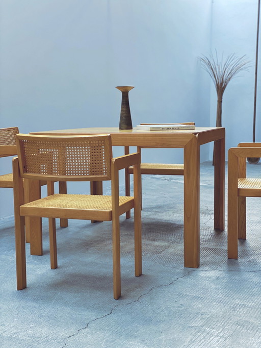 Derk Jan De Vries Pour Maisa Di Seveso "Samara" Table de salle à manger & 4 chaises Frêne Bois Rotin Tressé, Italie Années 1970