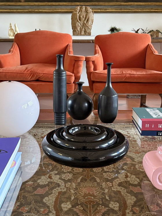 Image 1 of Mid Century Ensemble de 3 vases en céramique noire Bucchero, Sebastiani Gubbio Italie années 1960