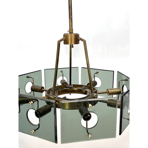 Image 1 of Lustre vintage en laiton et verre fumé par Gino Paroldo, Italie, années 1960