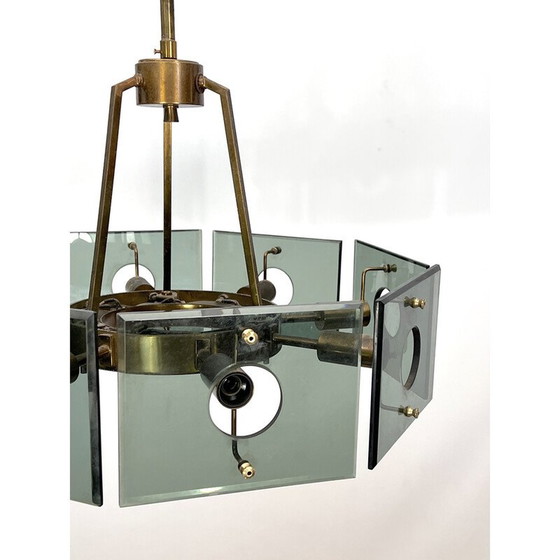 Image 1 of Lustre vintage en laiton et verre fumé par Gino Paroldo, Italie, années 1960