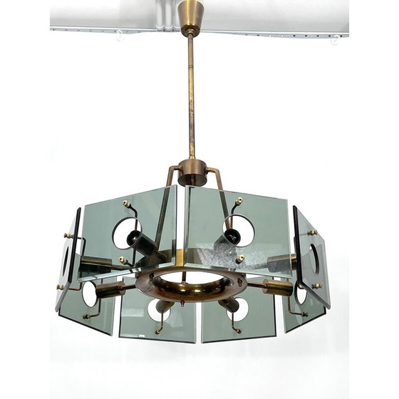 Image 1 of Lustre vintage en laiton et verre fumé par Gino Paroldo, Italie, années 1960