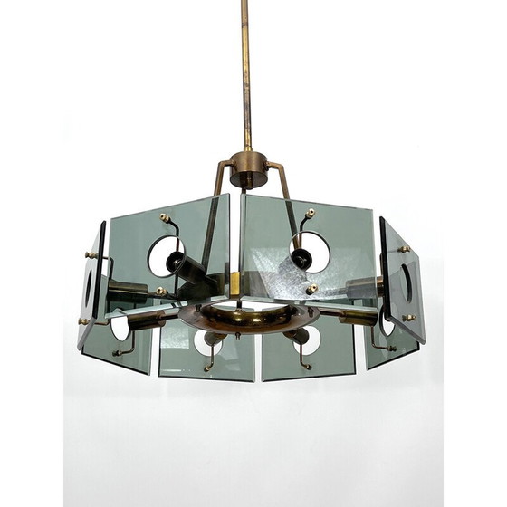 Image 1 of Lustre vintage en laiton et verre fumé par Gino Paroldo, Italie, années 1960