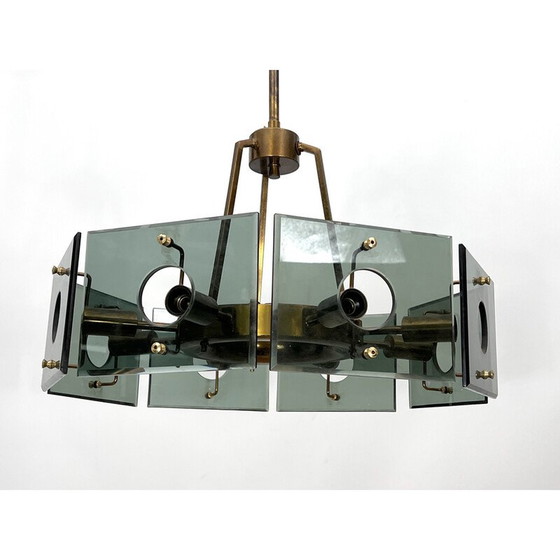 Image 1 of Lustre vintage en laiton et verre fumé par Gino Paroldo, Italie, années 1960