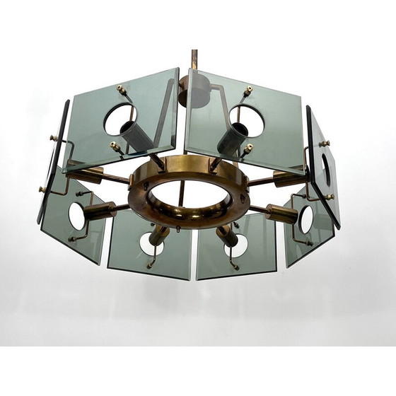 Image 1 of Lustre vintage en laiton et verre fumé par Gino Paroldo, Italie, années 1960