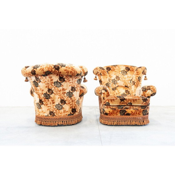 Image 1 of Canapé vintage 3 places en bois et tissu chenille avec paire de fauteuils, Italie 1970