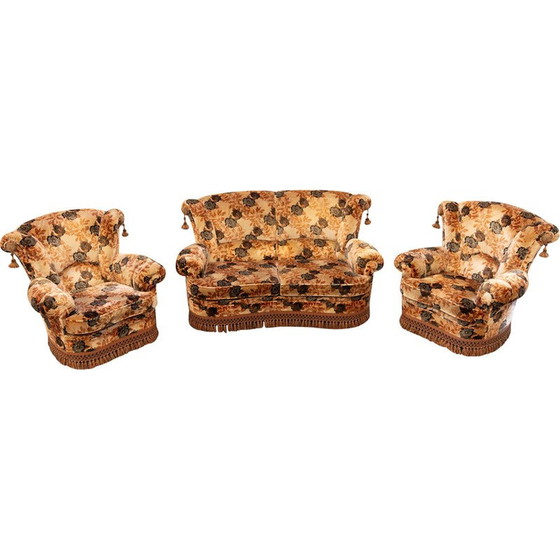 Image 1 of Canapé vintage 3 places en bois et tissu chenille avec paire de fauteuils, Italie 1970